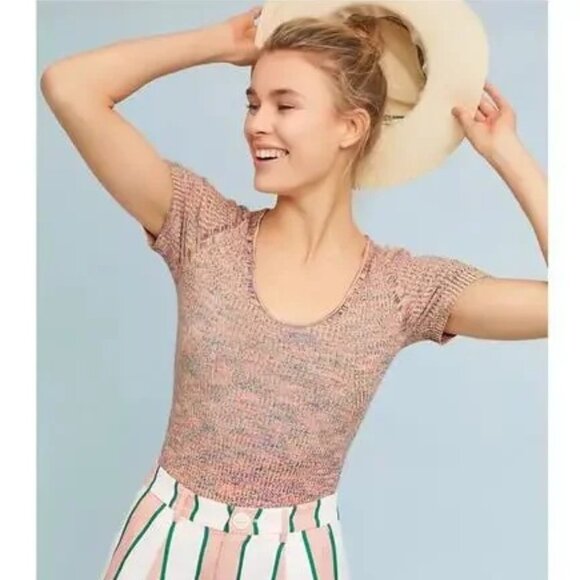 Anthropologie Moth Ribbed Rainbow Scoop Neck Short Sleeve Ribbed Top Large - Picture 1 of 9